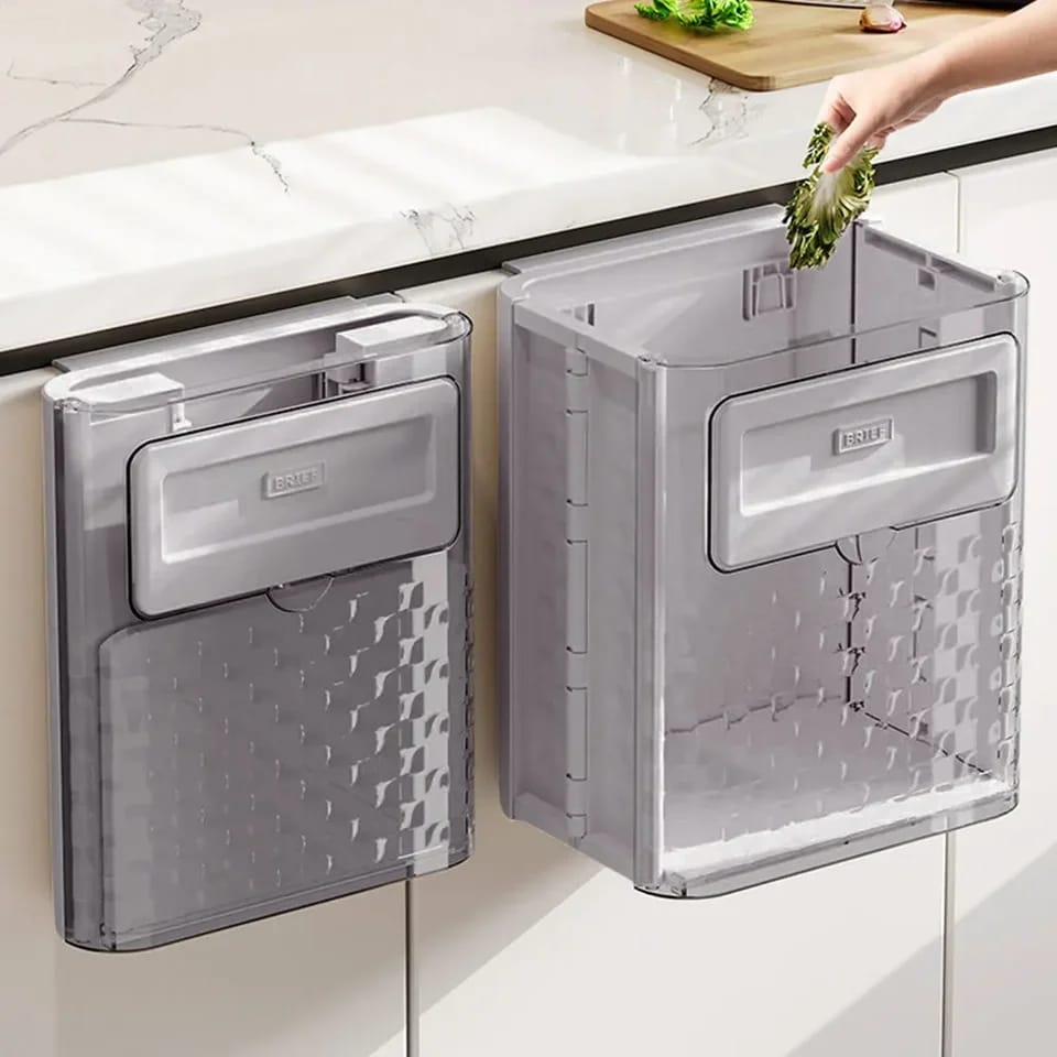 Wall-mounted kitchen trash can in white and grey, space-saving and odor-controlled