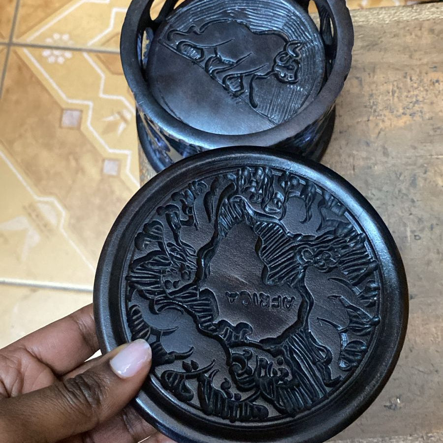 Ebony Wood Coaster Set With Big Five And Africa Map Carvings with Matching Lidded Container