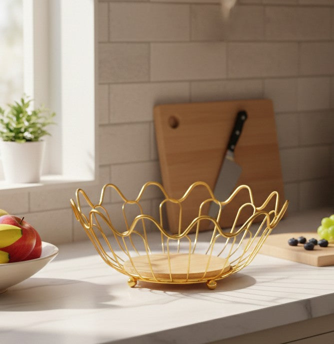 Wooden Base Gold Fruit Basket