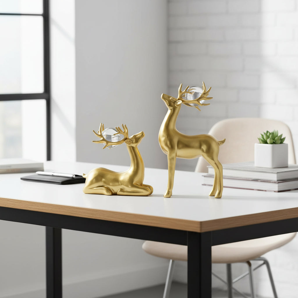 2 Piece Golden Deer Resin Ornament with Crystal Ball