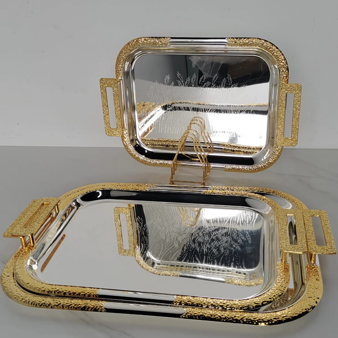 3pcs Rectangular Stainless Steel Serving Trays with Gold Handles
