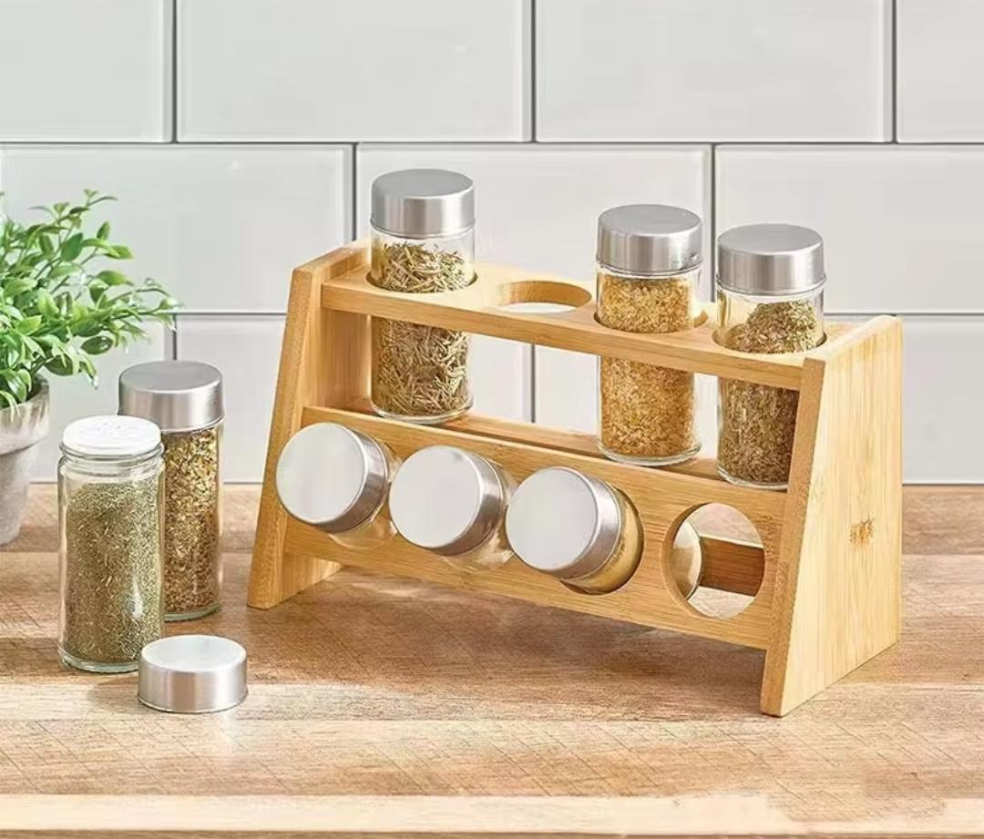 8 Piece Spice Jar Set With Wooden Rack – 100 ml Glass Jars