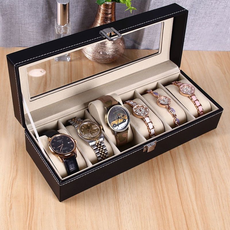 Six slot watch organizer storage box designed to hold and protect six wristwatches