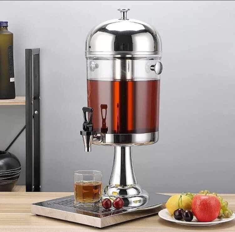 Single clear acrylic juice dispenser with stainless steel stand and protective cover