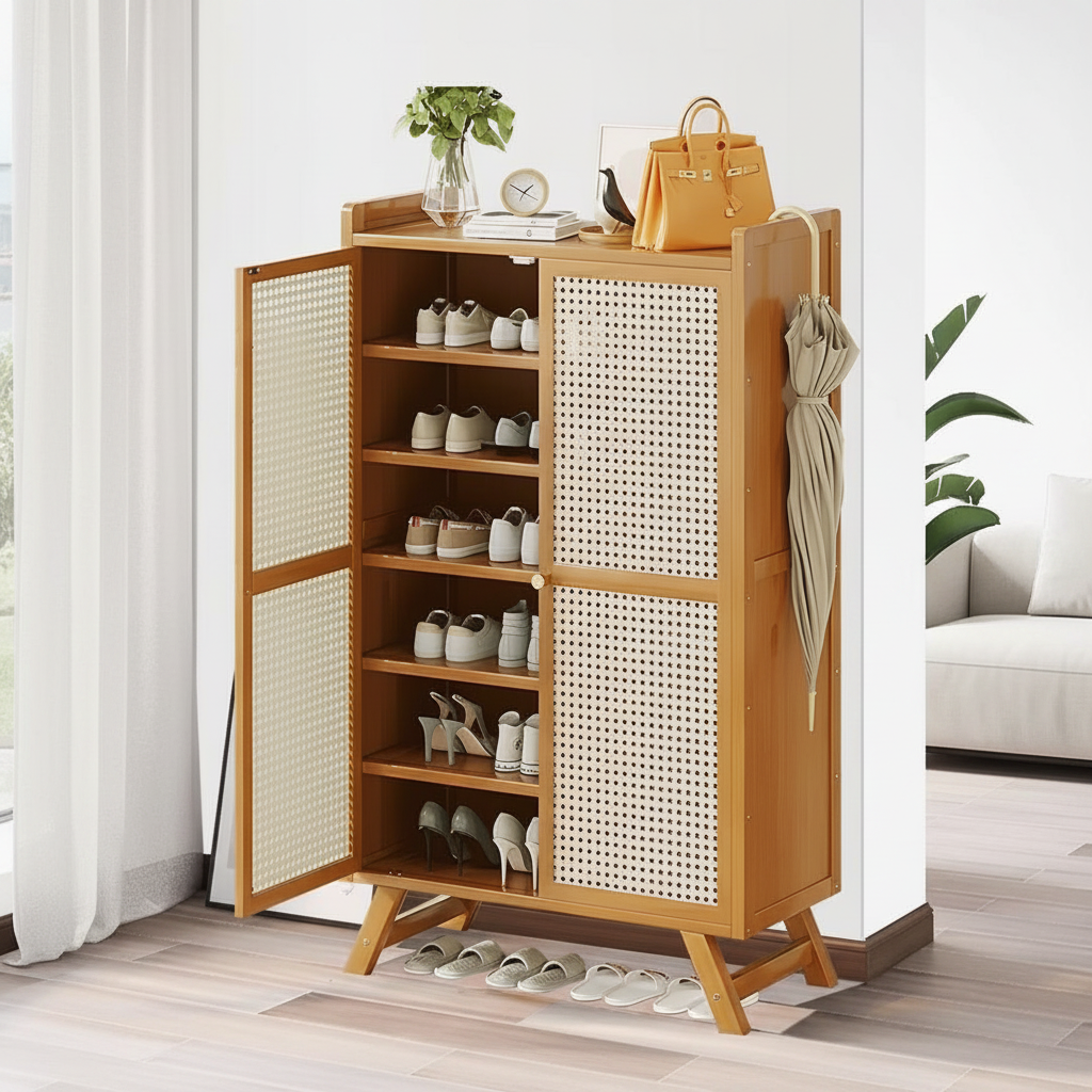 Rattan Shoe Cabinet with Flip Drawers