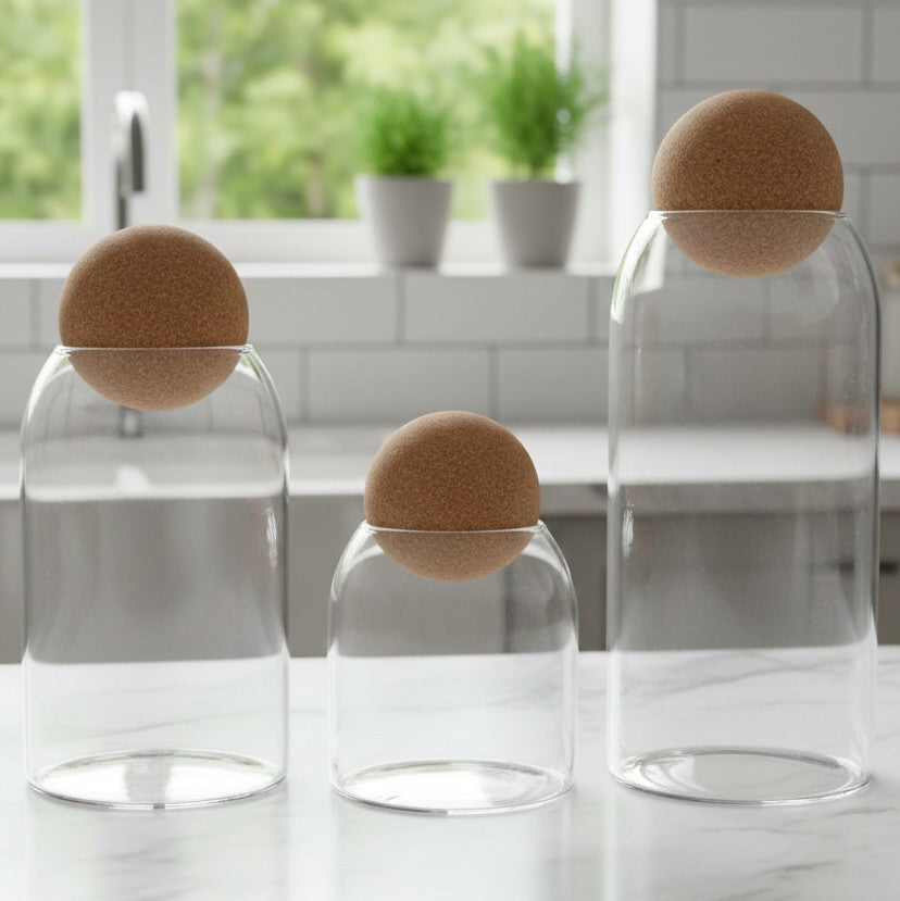 Ball Cork Transparent Jar Set With Bamboo Lid