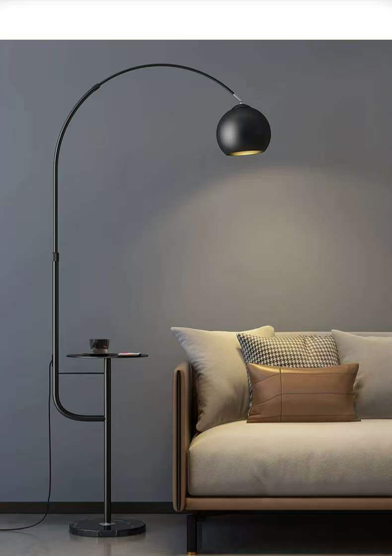 Modern black arc floor lamp with built in side table