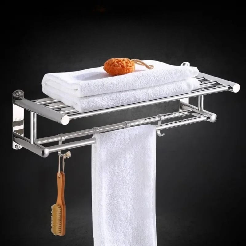60 cm silver stainless steel wall mounted towel rack with double layer and hooks, bathroom storage organizer.