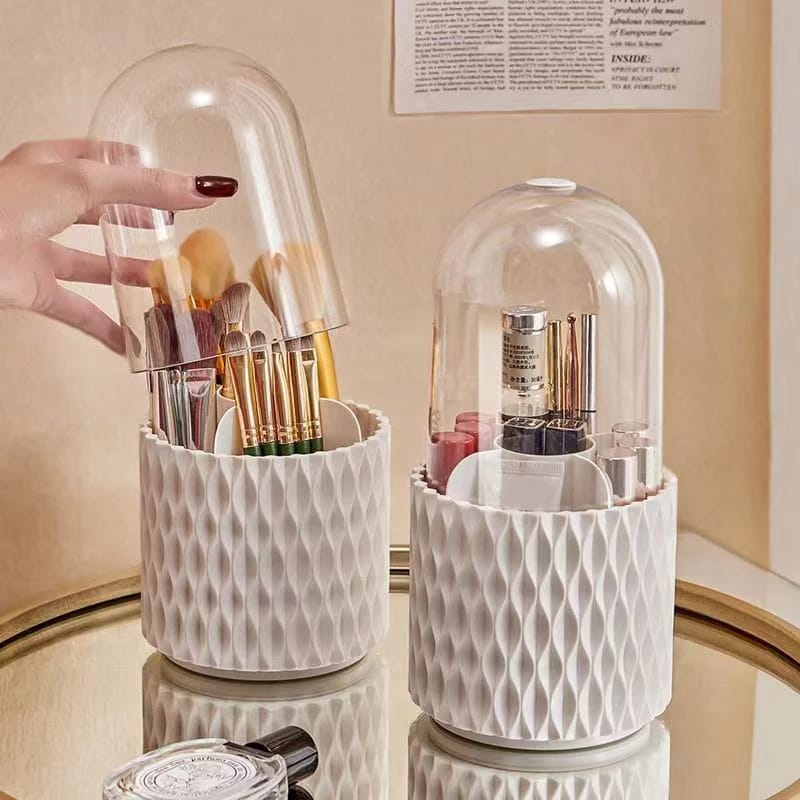 White 360° rotating multifunctional holder with compartments for makeup brushes and stationery.