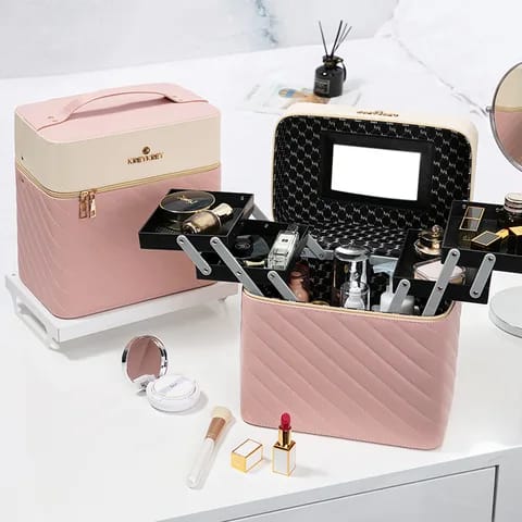 2-tier makeup and cosmetic storage box in black, maroon, or baby pink