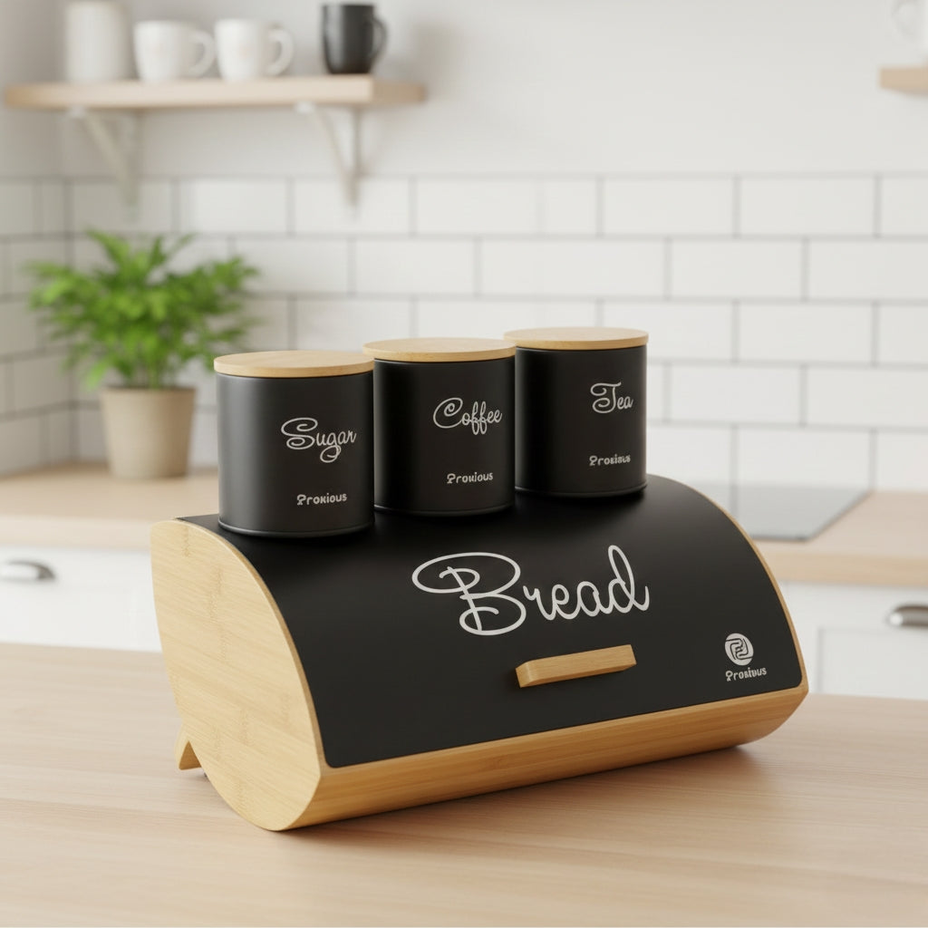 Flip Hemisphere Bamboo Bread Bin with 3 Canisters