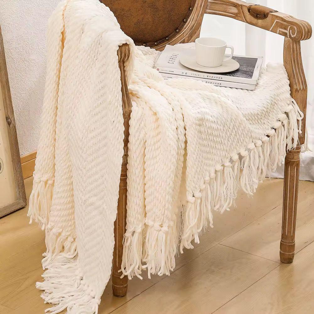 Textured Knitted Heavy Throw Blanket With Tassels