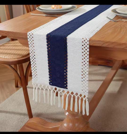 Bohemian tassel table runner in farmhouse linen style for home décor