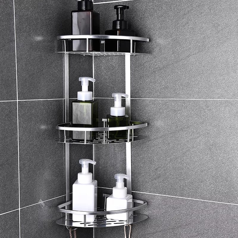 3-layer aluminum corner bathroom shelf for shampoo, soap, and cosmetic storage