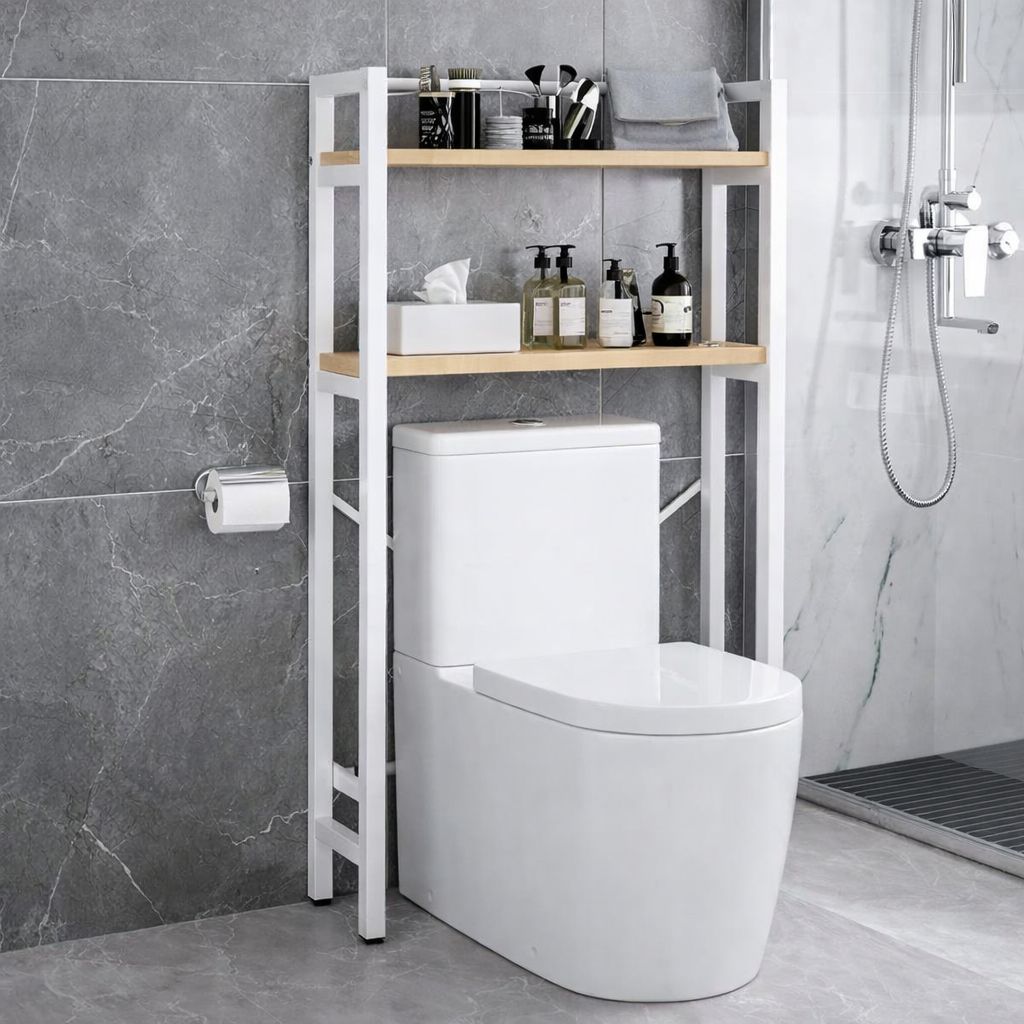 2 tier brown toilet storage rack with carbon steel frame and MDF shelves