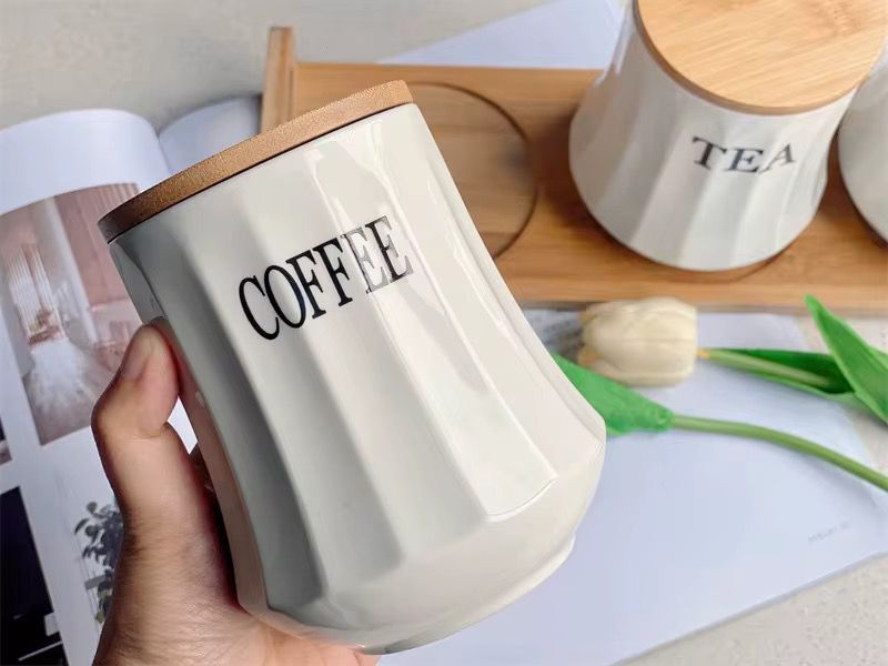 Ceramic Tea Coffee Sugar Canister Set with Bamboo Lid and Stand