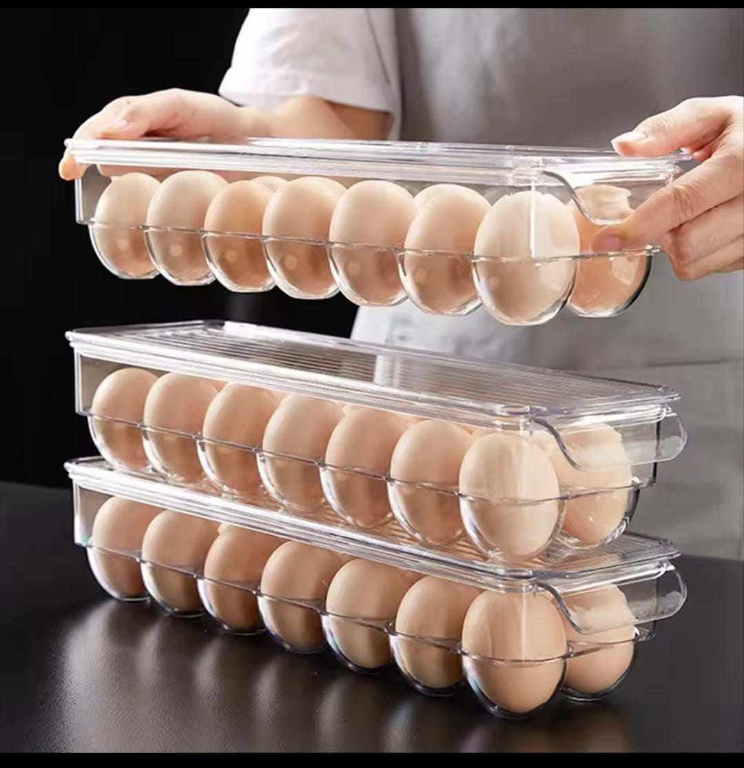 Clear acrylic egg holder with 14 slots for refrigerator organization
