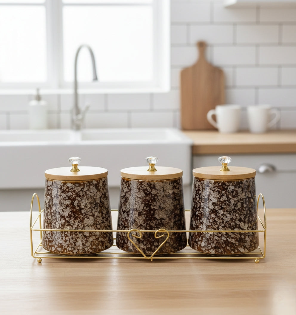 3Pcs Ceramic Seasoning Set With Airtight Bamboo Lids