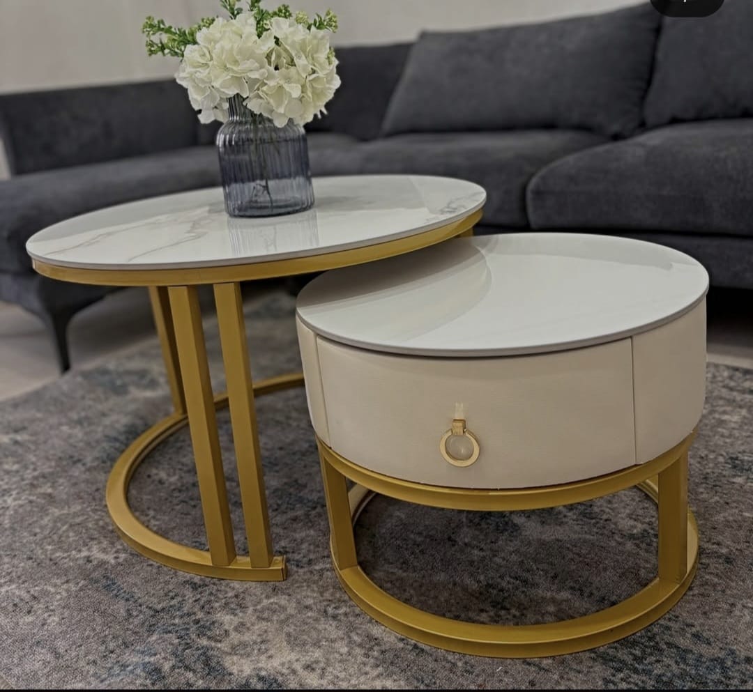 2-in-1 marble coffee and side table with shiny top for living room, bedroom, or multifunctional use