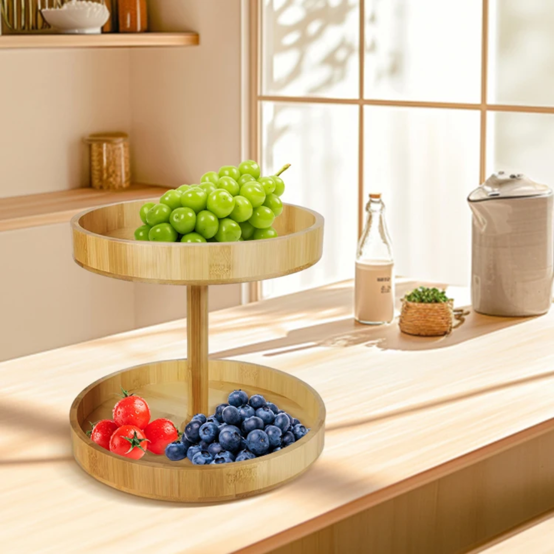 Bamboo Double Layer Rotating Kitchen Rack