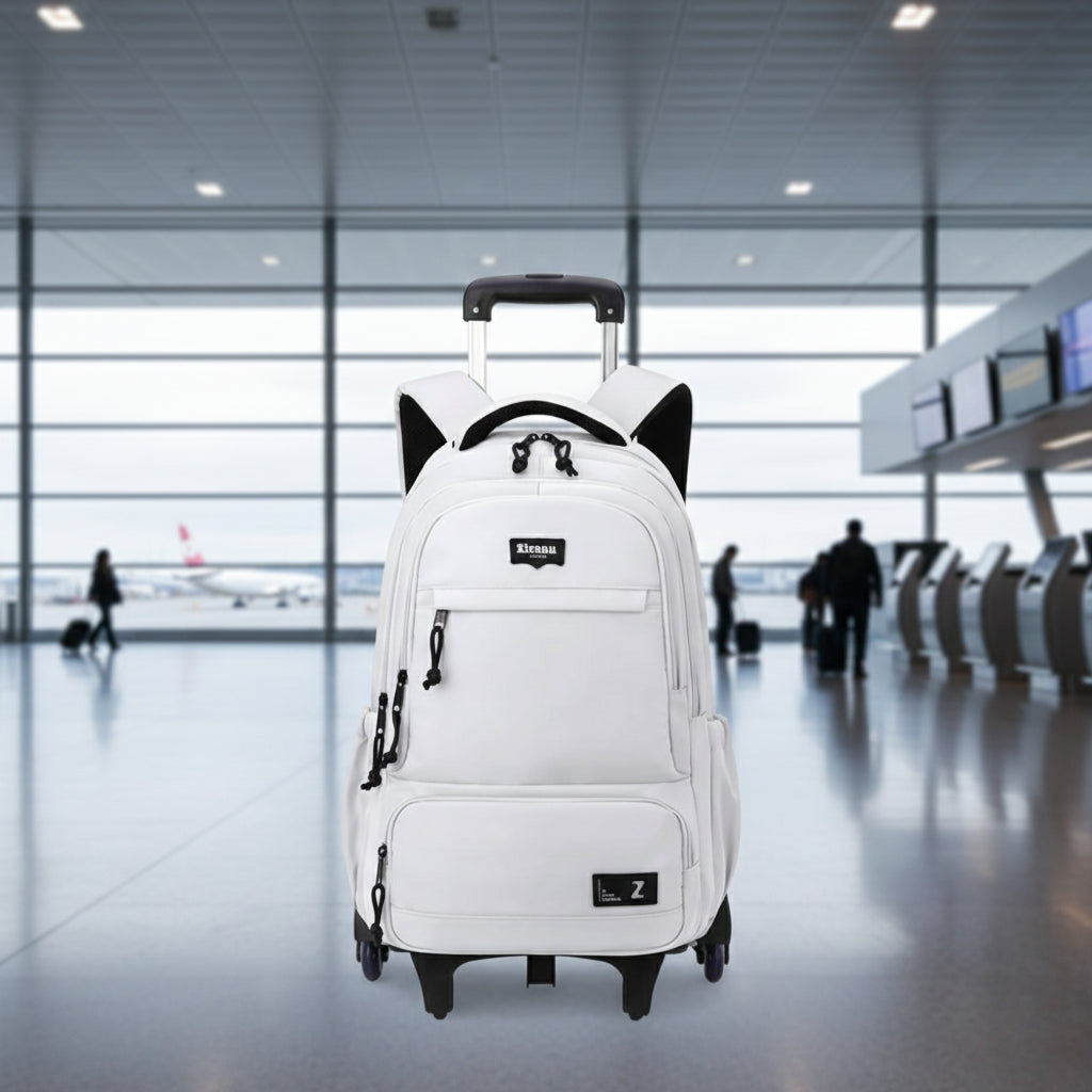 Rolling trolley school bag with high capacity and waterproof design in black and ash grey