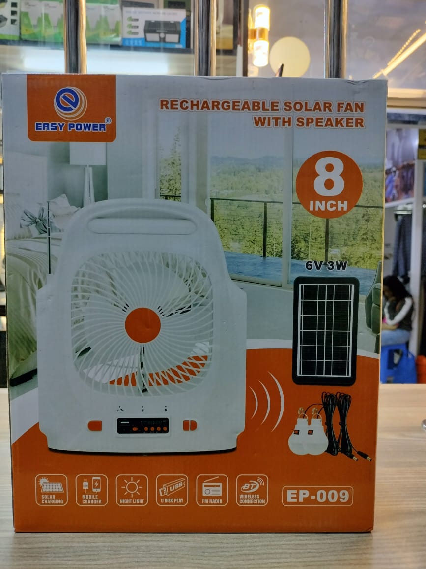 Portable AC DC fan with built-in speaker and solar panel for home or outdoor use