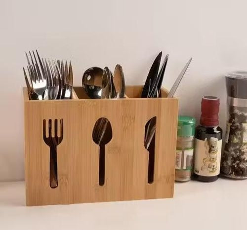 3-Slot Bamboo Cutlery Organizer Box