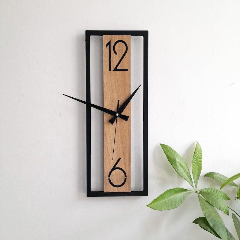 Rectangular wood grain wall clock with silent movement for home and office décor
