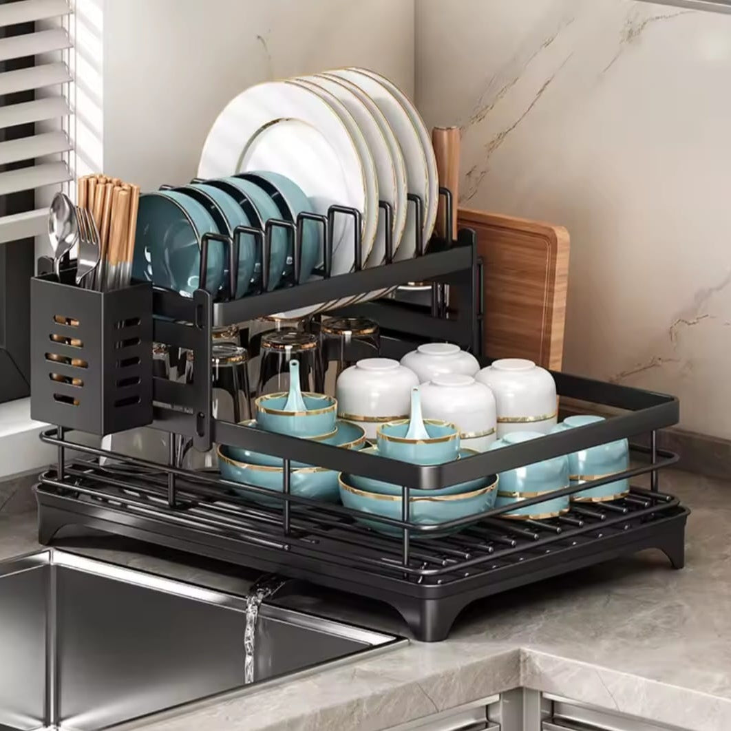 Black carbon metal two layer dish rack with chopping board holder and cutlery organizer.