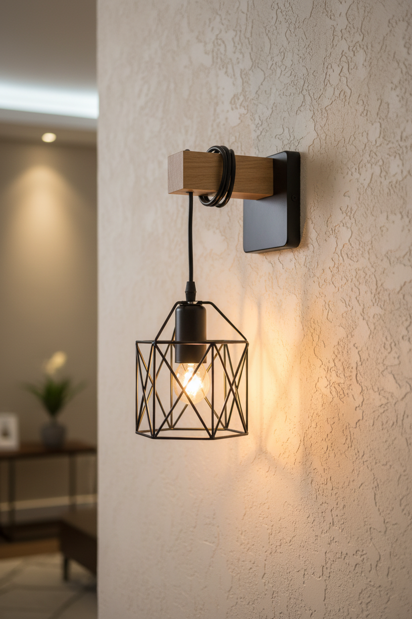 Black Geometric Wall Light With Wooden Accent-PL 1139-01-BK
