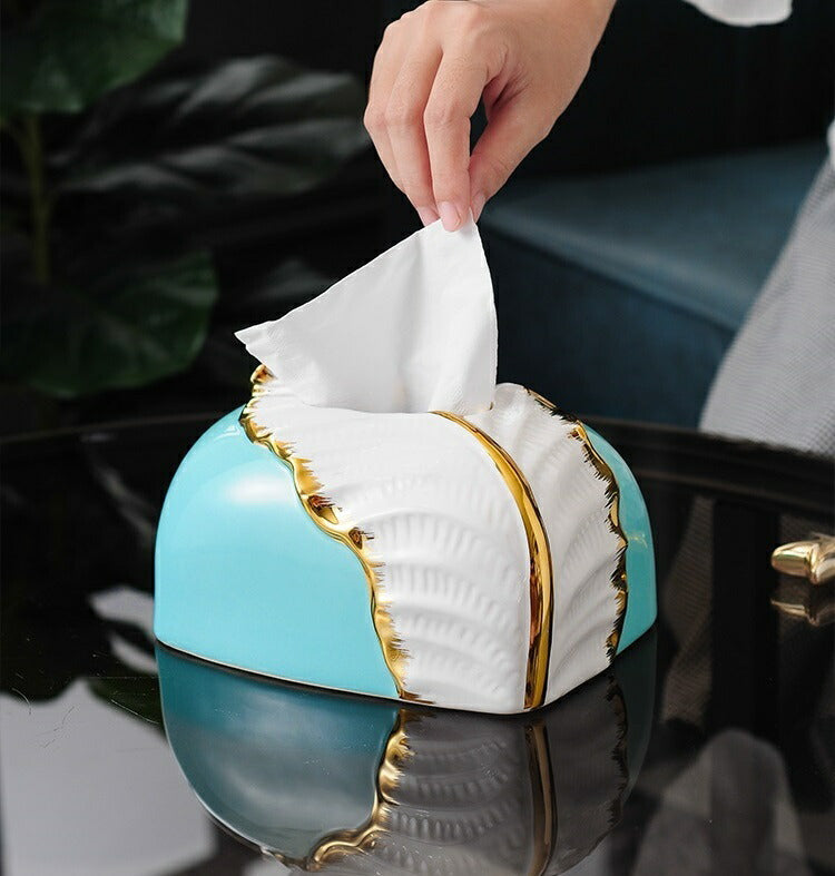 White ceramic serviette holder with gold leaf design