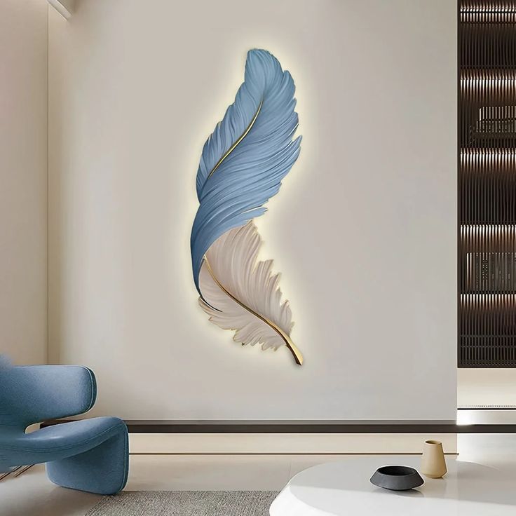 Blue Nordic Feather Wall Art with Back Lights