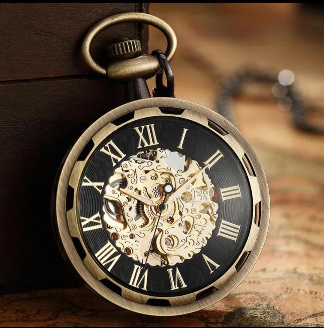 Luxury antique skeleton mechanical hand winding stainless steel pocket watch