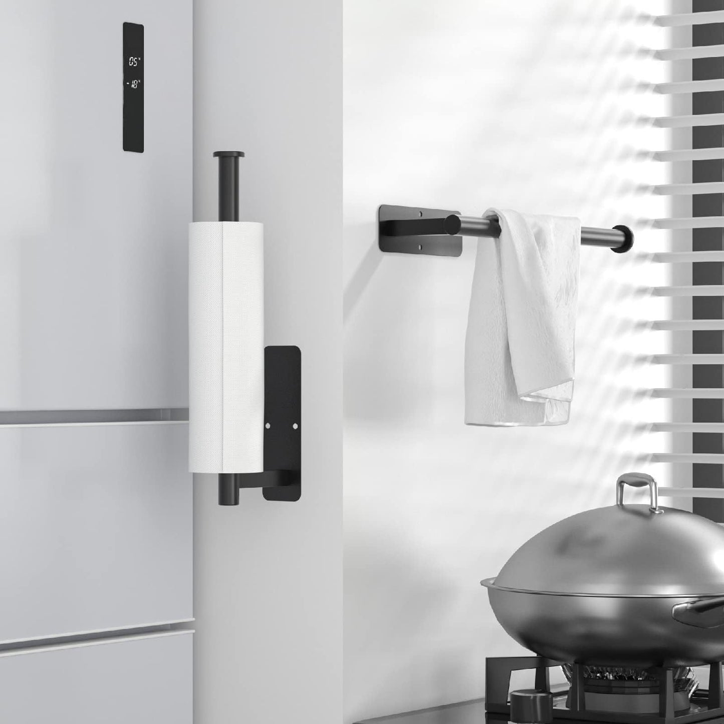 Stainless steel under cabinet paper towel holder in black and silver for kitchen tissue rolls