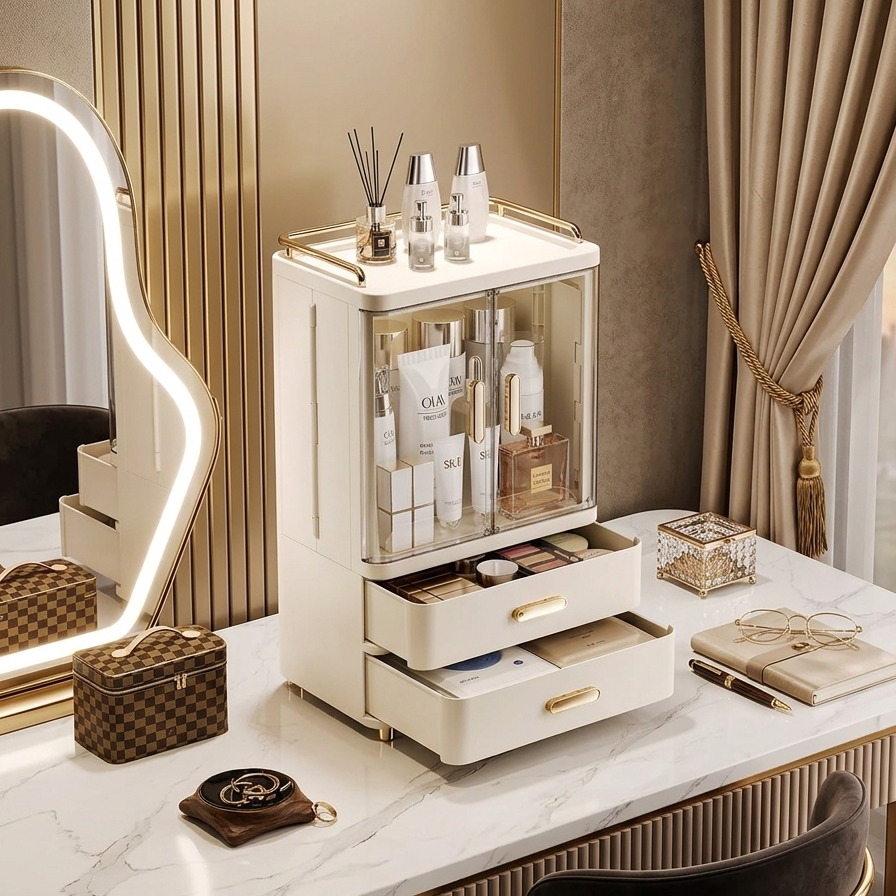 Acrylic Double Door Cosmetic Storage Cabinet with Drawers