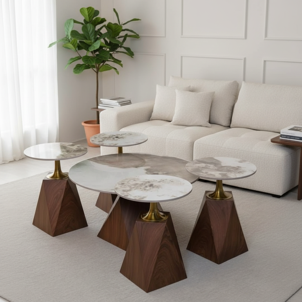 2 in 1 Marble Top Nesting Coffee Table Set with Brown Finish Base