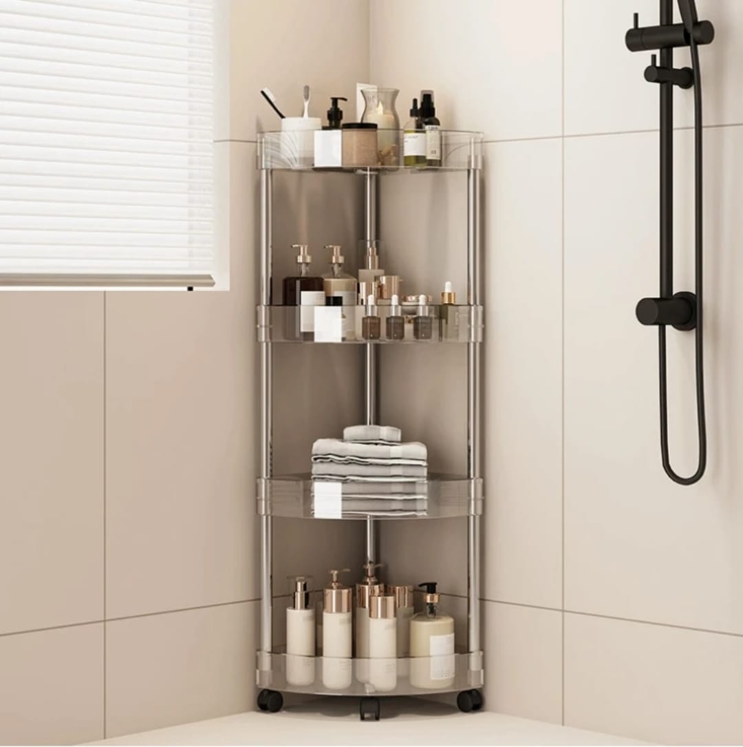Stainless steel wheeled transparent corner bathroom storage rack