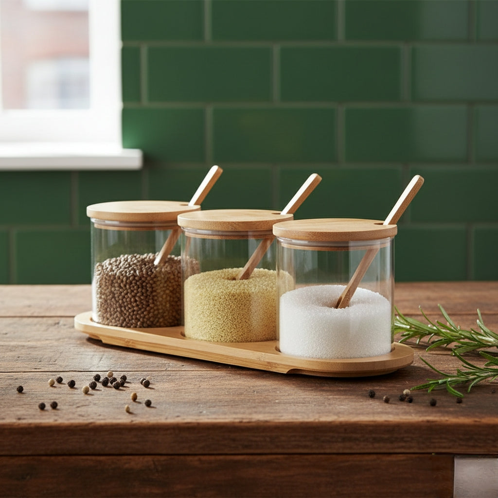 3-in-1 Glass Sugar Set With Bamboo Stand