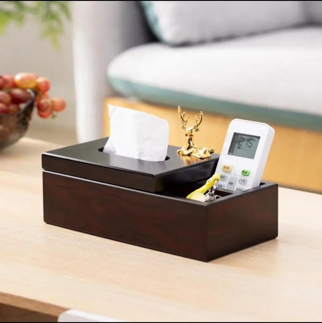 Wooden Tissue Box Holder with Dual Compartment Desk Organizer