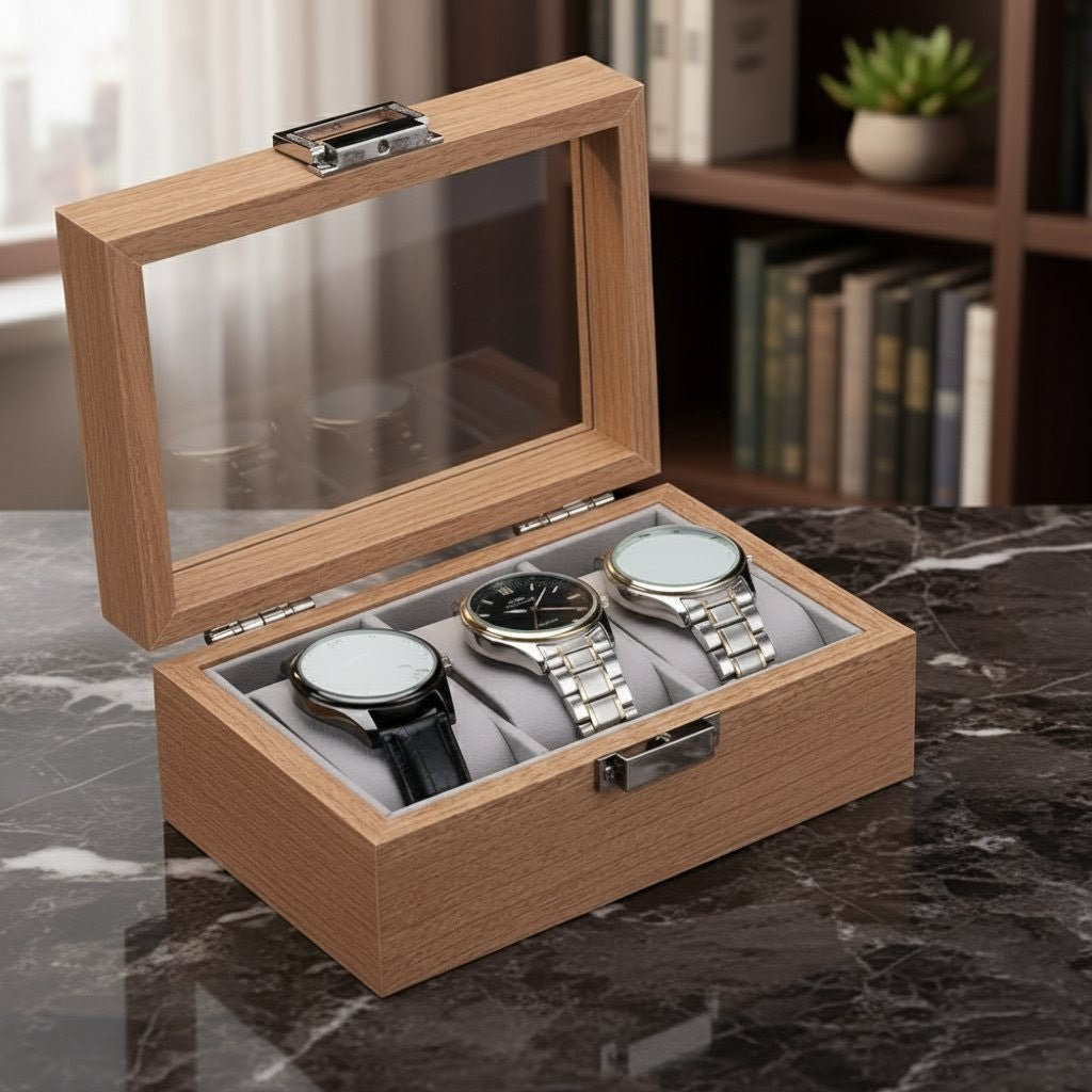 3-Slot Wooden Watch Organizer with Glass Top