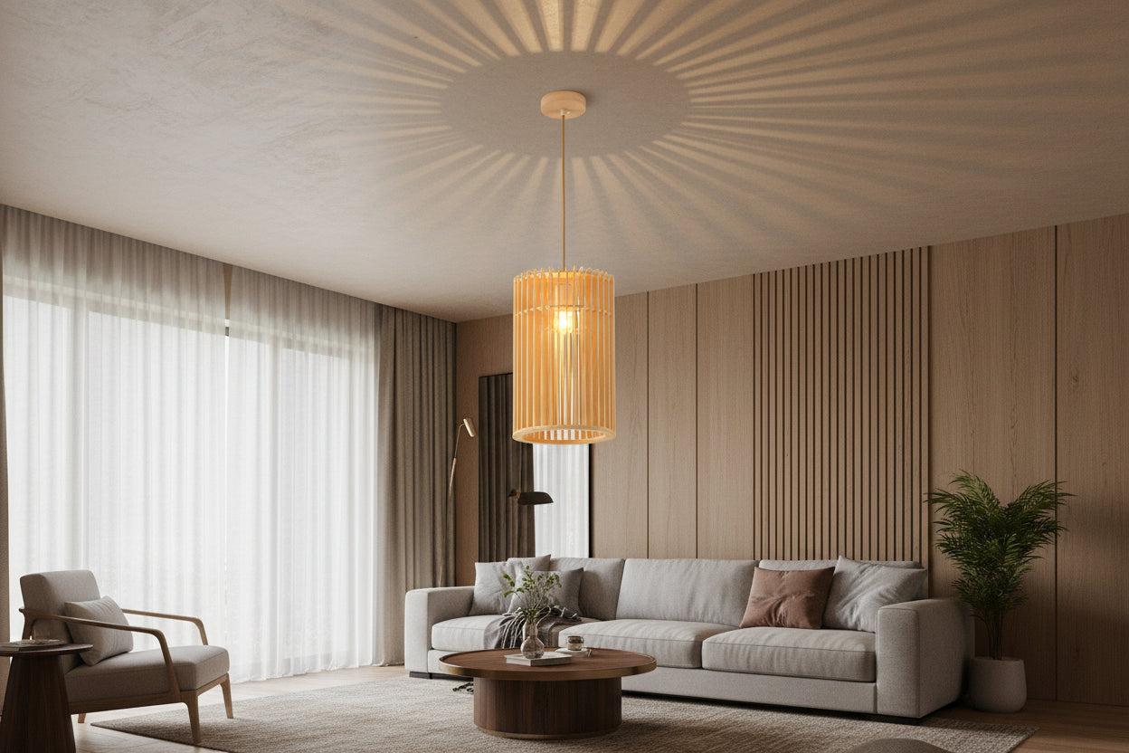 Wood finish pendant ceiling lamp with E27 holder and hanging cord for indoor lighting