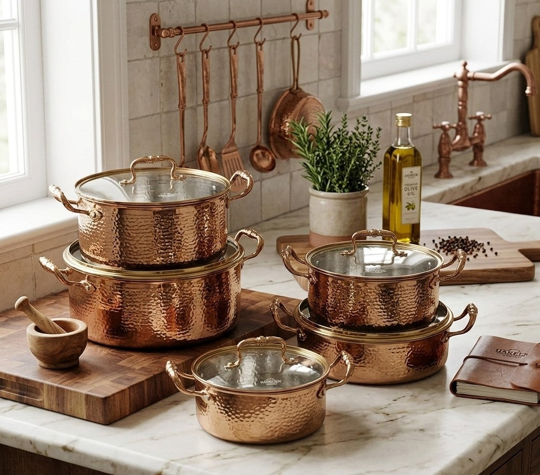 9-piece stainless steel cookware set with hammered pattern, non-stick interior, and stainless steel lids, compatible with all cooktops