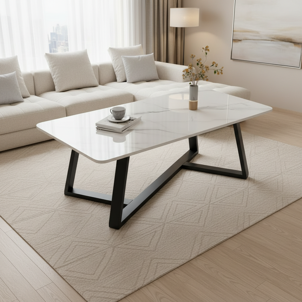 Marble Top Coffee Table with White Surface and Black Metal Frame