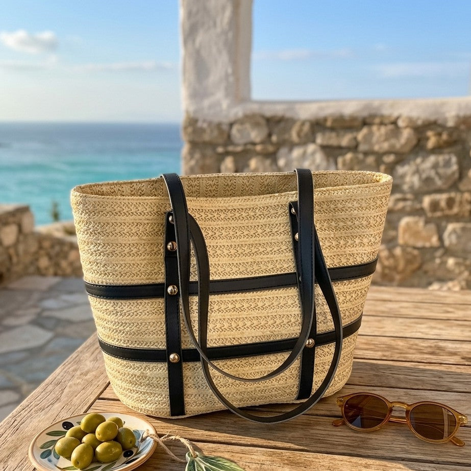 Women woven straw tote bag with zipper, vintage summer beach handbag 33x28x14x23cm
