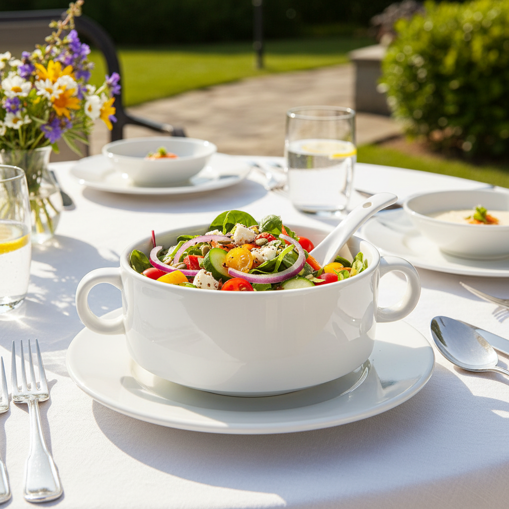 Porcelain Soup Bowl Set with Handles, Saucer & Spoon