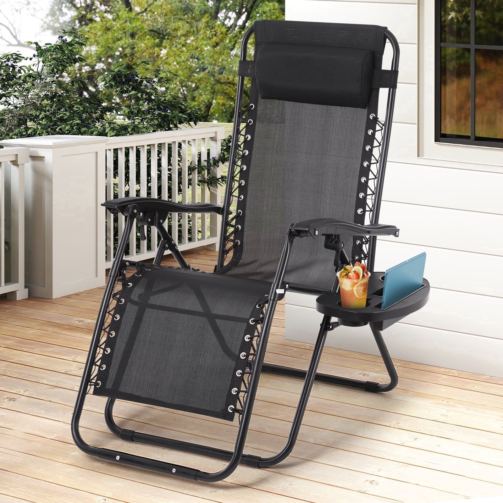 Dawood Lifestyle & Gadgets kes adjustable zero gravity recliner folding chair with breathable mesh fabric, padded headrest, cup holder tray, and steel frame in black.