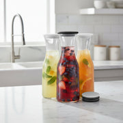 1L clear glass carafe with black plastic lid for water, juice, or cocktails