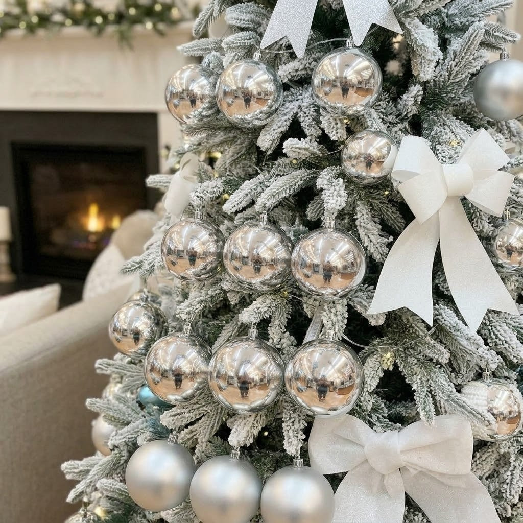 10cm and 8cmSilver: 10cm and 8cm silver Christmas baubles set of 6, available in Nairobi, Kenya.