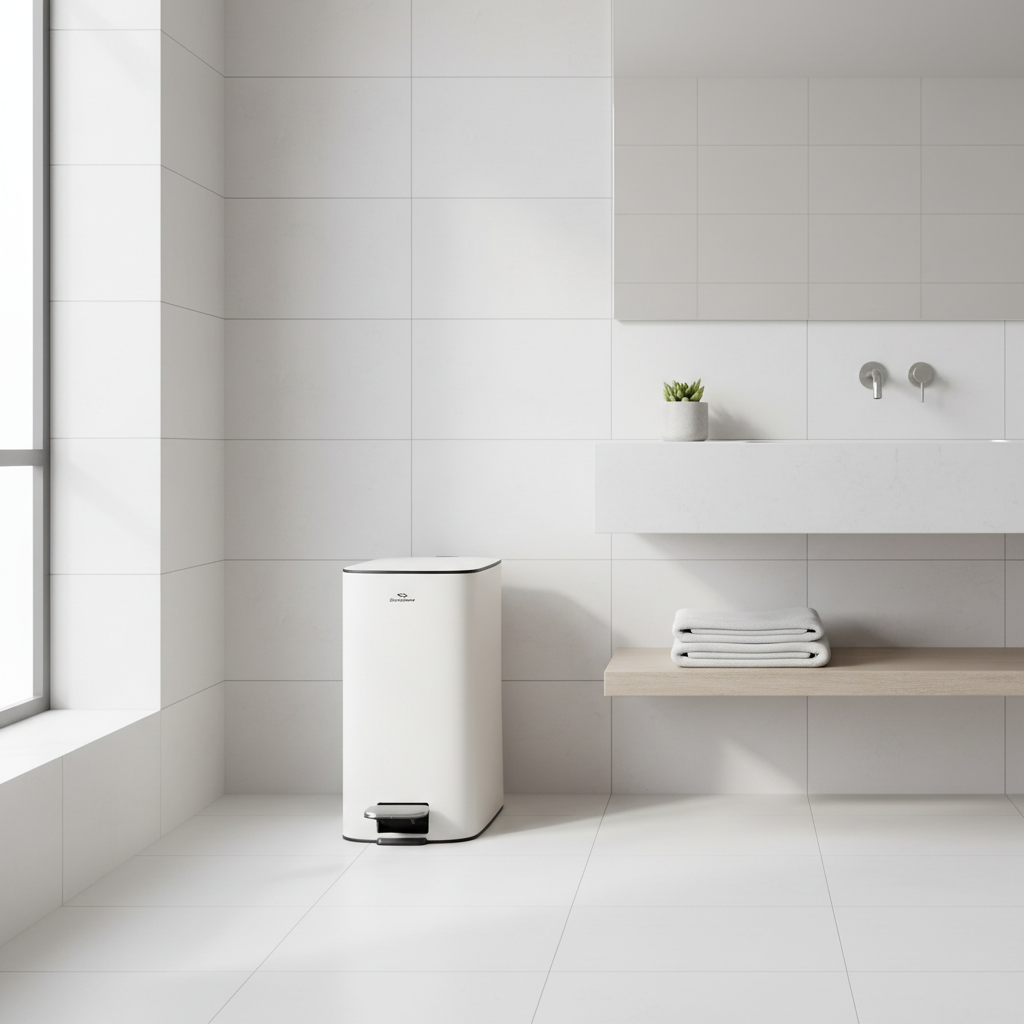 S/S Gemelli Collections 11.5L cream stainless steel rectangular pedal bin with soft-close lid and removable inner bucket measuring 350mm x 210mm x 430mm.