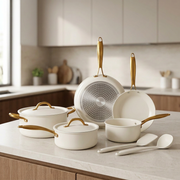 12-piece SFE cookware set NP012 with 24cm 4.6L casserole, 20cm 2.5L saucepan, 24cm 2L frying pan, 28cm 3.8L shallow casserole, 2 silicone kitchen utensils and 3 fleece pads, available in Nairobi, Kenya